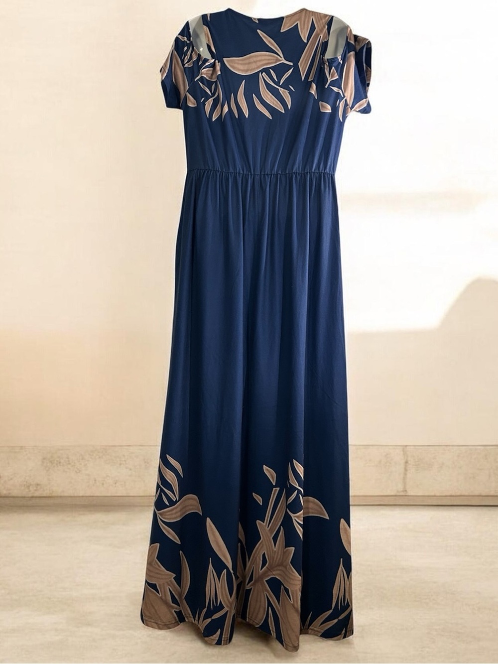 Navy Blue Maxi Dress with Beige Leaf Print - Picture 3 of 5